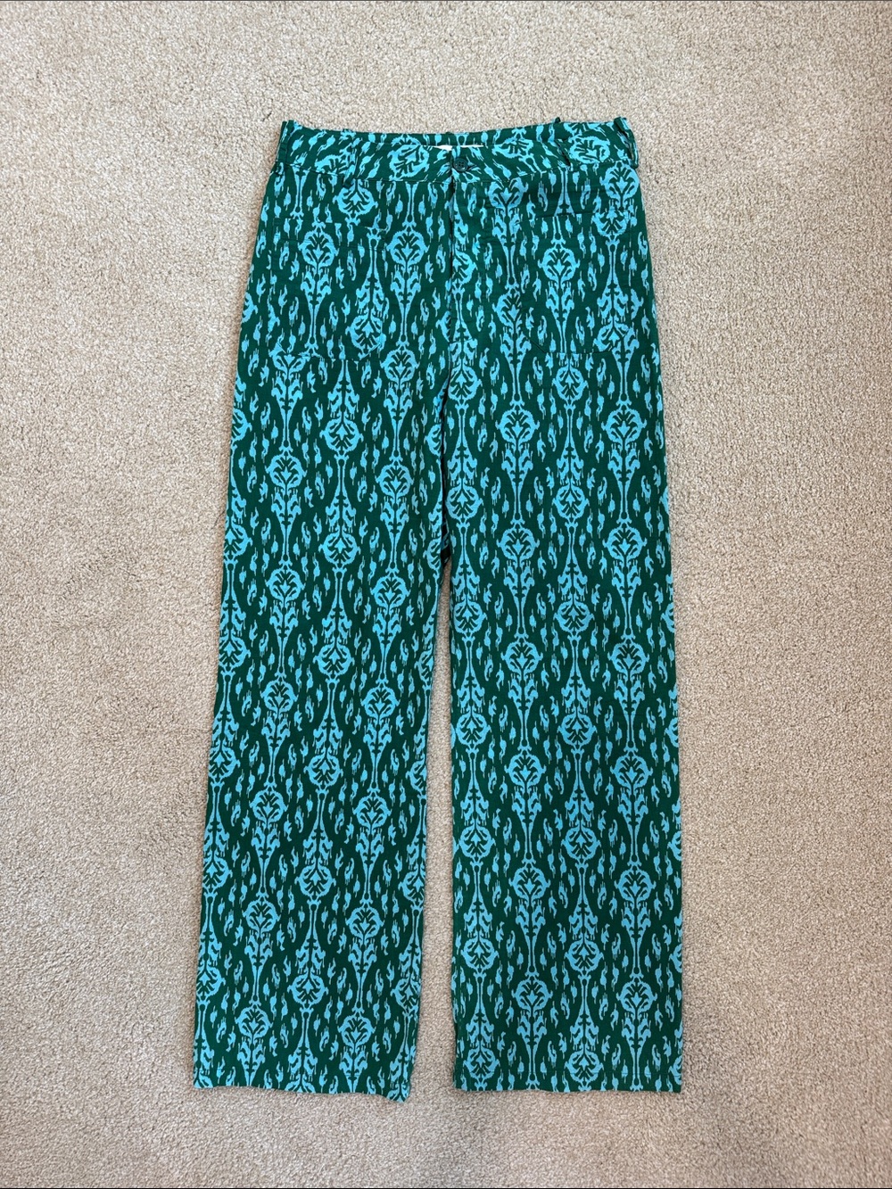 Zara Teal and Green Wide-Leg Patterned Pants